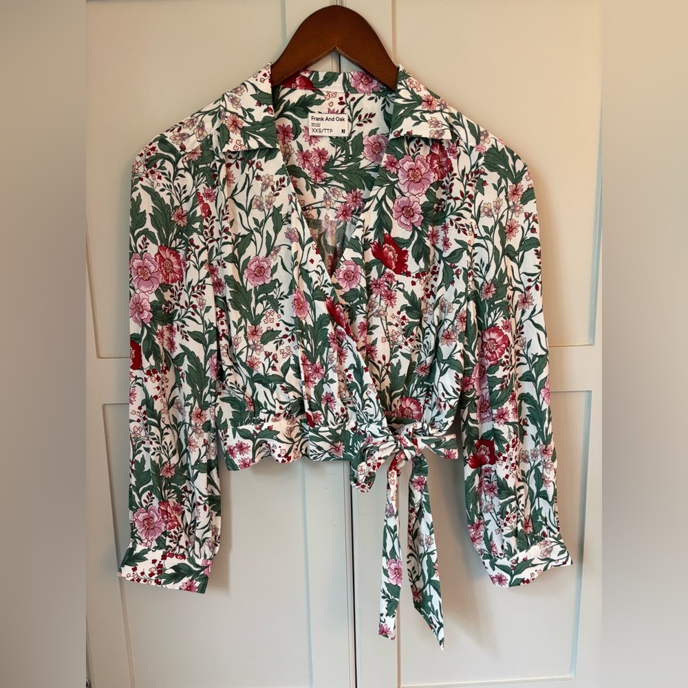 Frank and Oak Pink and Green Floral Wrap Blouse